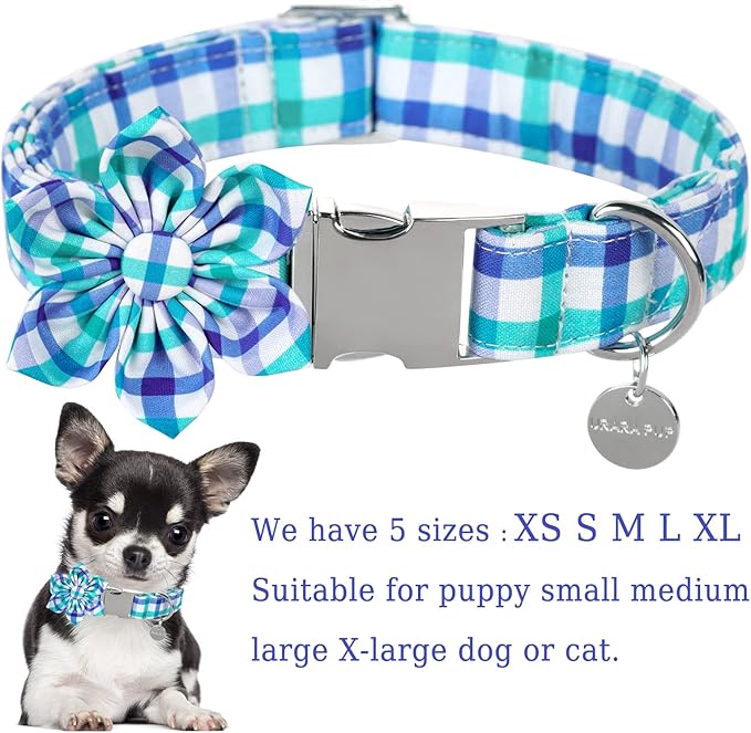 Dog Collar with Flower, Comfortable Durable Cotton Flower Collar for Girl Boy Dog or Cat, Adorable Puppy Collar with Metal Buckle, Blue Grid Gift Collar, XS