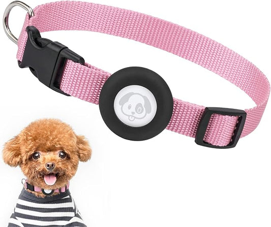 Adjustable AirTag Collar with Durable Quick Snap Buckle, Imitation Nylon Collar with Waterproof Apple Airtag Holder for Small Dogs (6"-16", Pink)