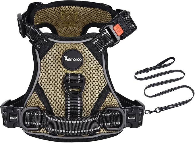 Petmolico No Pull Dog Harness, No Choke 4 Leash Attchments Easy Control Handle Soft Padded Reflective Vest Dog Harness for Leash Set, Army Yellow Medium