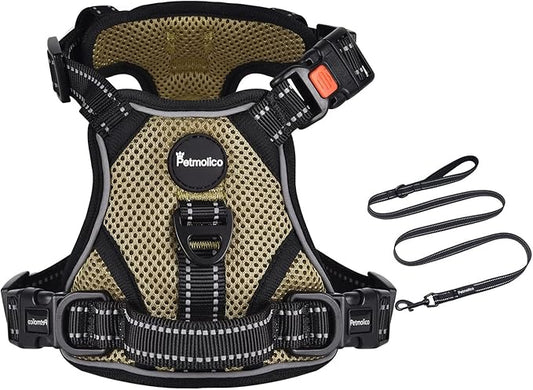 Petmolico No Pull Dog Harness, No Choke 4 Leash Attchments Easy Control Handle Soft Padded Reflective Vest Dog Harness for Leash Set, Army Yellow Medium