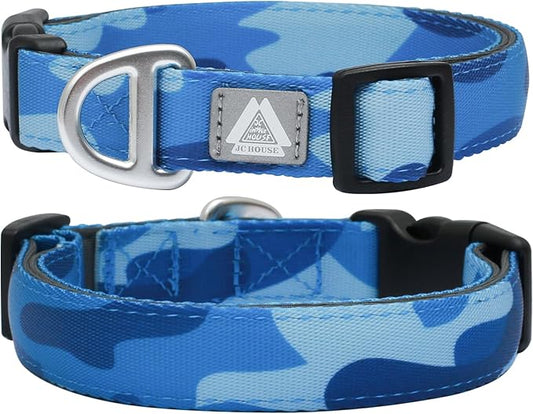 Soft Padded Dog Collar, Neck 16’’-25’’, Adjustable Heavy Duty Collar with 3M Reflective Logo for Medium, Large Dogs, Camo Blue, L