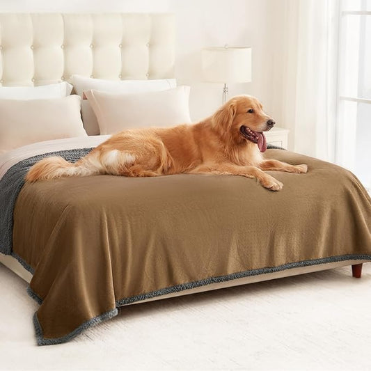 Luciphia Waterproof Blanket for Large Dogs Liquid Proof Furniture Protector Washable Pet Reversible Bed Cover for Couch Soft Sherpa Fleece Cat Blanket for Small Medium Khaki X-Large（85" x 57"）