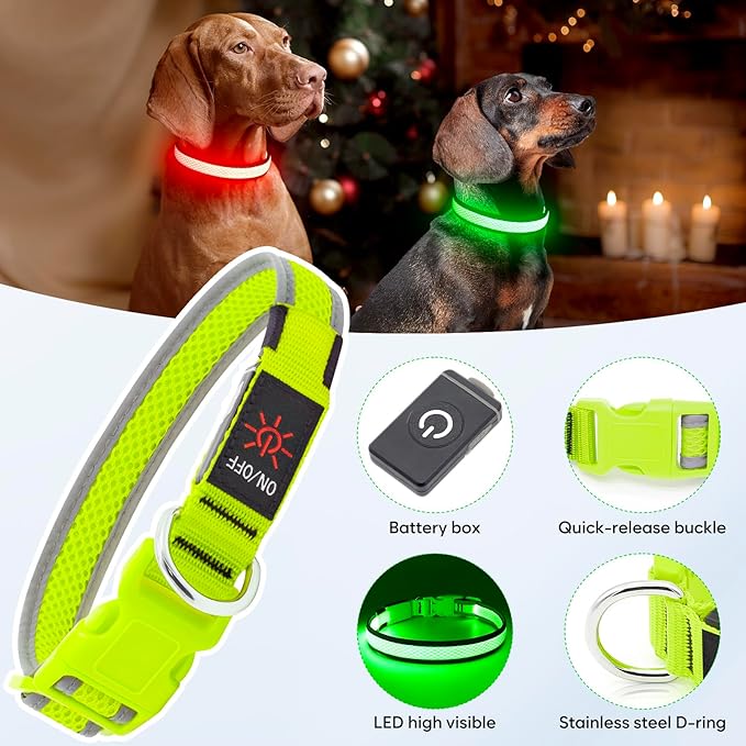 Flashseen LED Dog Collar, USB Rechargeable Light Up Dog Collar Lights, Adjustable Comfortable Soft Mesh Safety Dog Collar for Small, Medium, Large Dogs(Large, Neon Green)