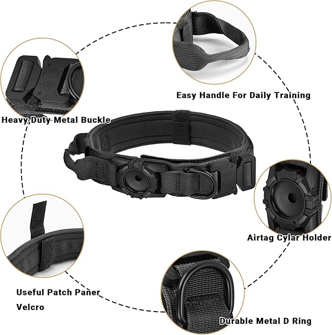 Tactical AirTag Dog Collar Leash Set - Heavy Duty, Adjustable GPS Collar Compatible with Apple AirTag, with Holder & Control Handle for Medium/Large Dogs [ Black, M ]