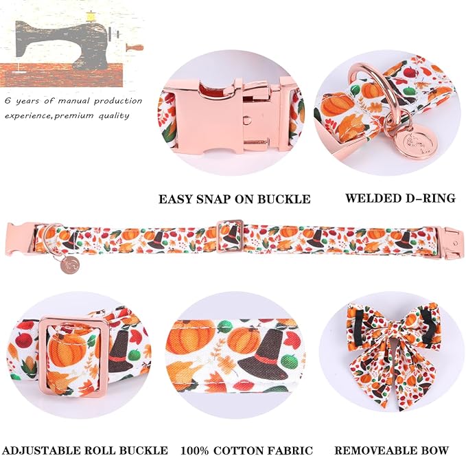 DOGWONG Fall Dog Collar with Bowtie - Fall Thanksgiving Dog Collar Soft Cotton Autumn Dogs Necklace - Halloween Puppy Necklace for Small Medium Large Dogs