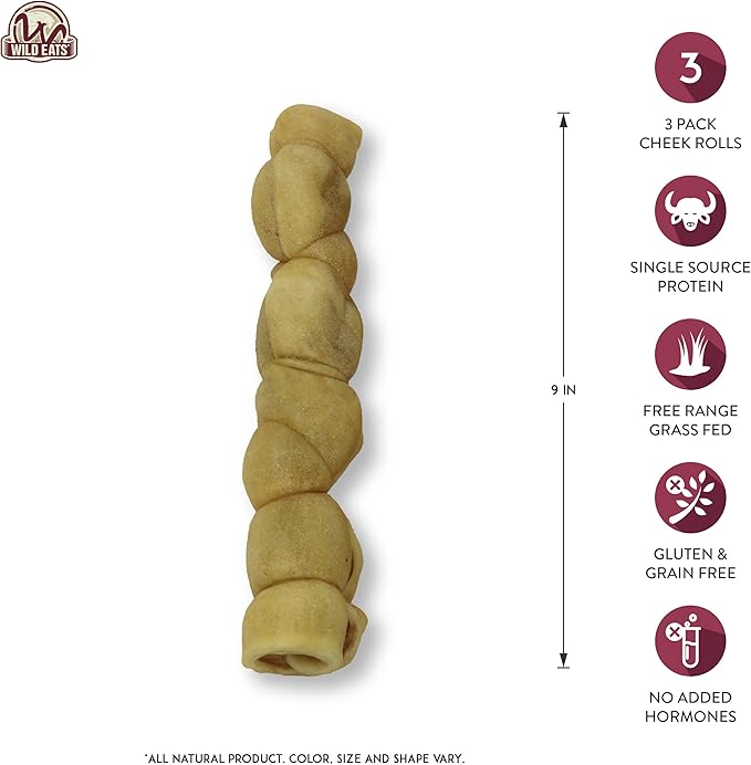 Water Buffalo 9" Retriever Style Cheek Roll Dog Chews-3 Pack (Long Lasting Dog Chews, Treats, Bones for for Large Dogs) Substitute for Pig Ears for Dogs