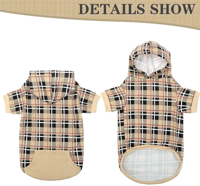 EXPAWLORER Plaid Dog Hoodie - British Style Warm Dog Sweater Shirt with Leash Hole,Pitbull Clothes Outfits,Winter Coat Apparel for All Breeds Puppy Girl Boy-Cat Apparel