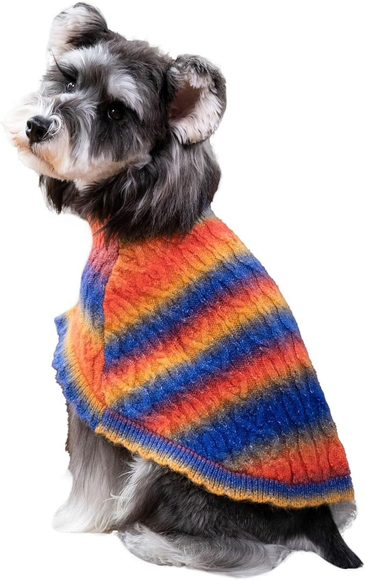 Rainbow Mohair Dog Sweater Cloak, Cold Weather Coat Dog Jacket for Small Dogs, Classic Turtleneck Thick Puppy Clothes with Leash Hole DS94L