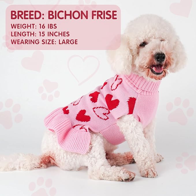 cyeollo Dog Sweater Dress Valentines Day Dog Clothes Knit Turtleneck with Leash Hole Heart Pattern Holiday Theme Female Pet Apparel for Small Dogs Cats