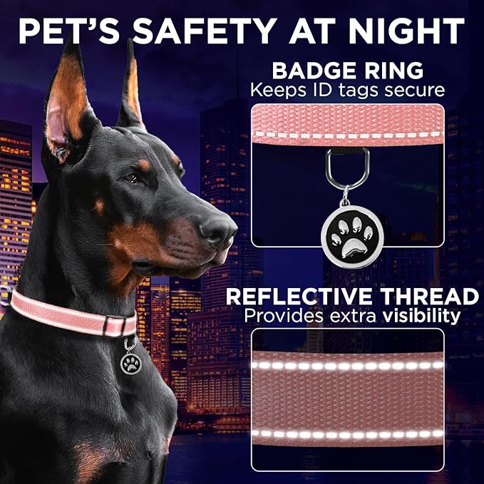 TECEUM Reflective Pet Collar – Pink – XL – Extra Soft Padding – Basic Nylon Dog Collar – Quick Release Buckle – Fits Small, Medium and Large Dogs, Puppies, Cats – ESA & Service Dog Options