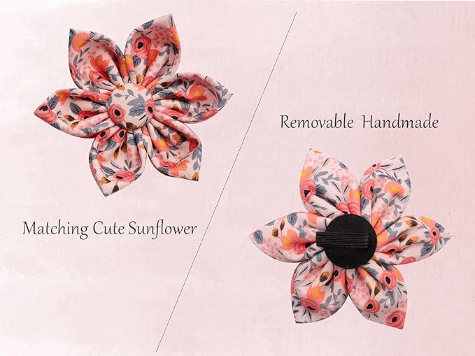 Uniqe Style Paws Flower Dog Collar, Peach Rose Adjustable Girl Dog Collar with Flower, Durable Floral Pattern Pet Collar for Medium Female Dogs