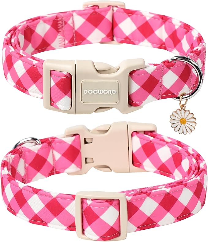 DOGWONG Pink Plaid Dog Collar, Pink Dog Collar Adjustable Soft Natural Fabric Girl Pet Dog Collars Cute Puppy Necklace for Small Medium Large Dogs