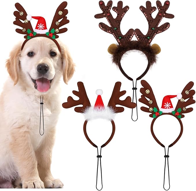 Pedgot 3 Pack Christmas Pet Headwear Xmas Hair Loop Brown Reindeer Antlers Headband Christmas Pet Costume Hair Accessory for Dogs
