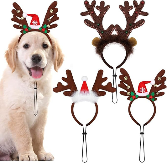Pedgot 3 Pack Christmas Pet Headwear Xmas Hair Loop Brown Reindeer Antlers Headband Christmas Pet Costume Hair Accessory for Dogs