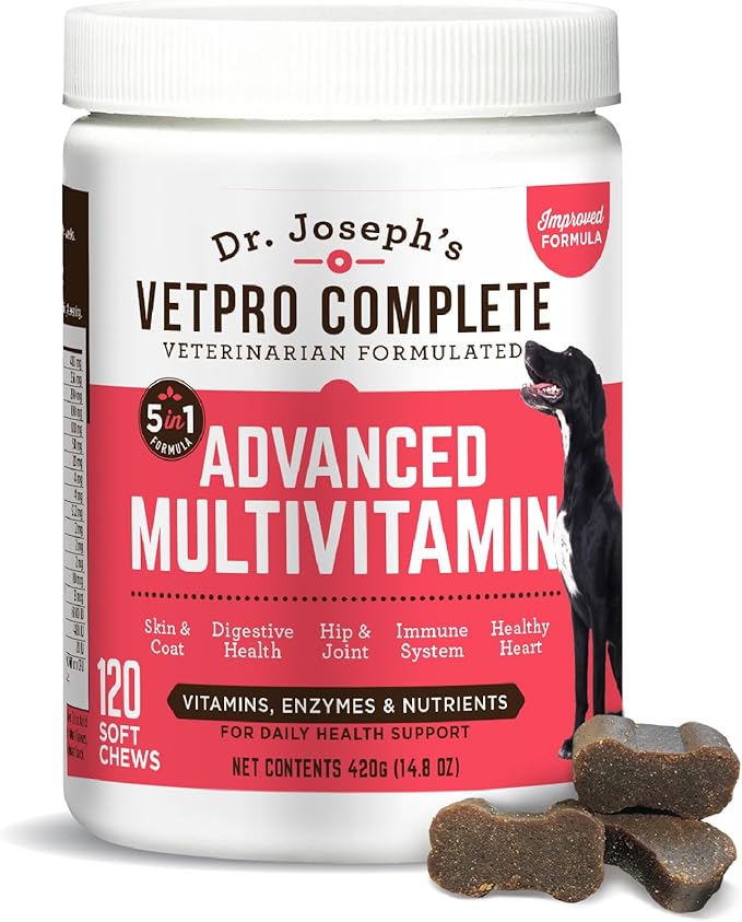 Dr. Joseph's VetPro Complete Multivitamin Dog Supplement, 120 Count, 5in1 Chew with Vitamins, Enzymes & Nutrients, Glucosamine for Hip & Joint Health, Immune System & Allergy Support