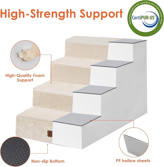 EHEYCIGA Dog Stairs for Bed 20”H, 4-Step Extra Wide Dog Steps for High Bed, Pet Steps for Small Dogs and Cats, Non-Slip Balanced Pet Ramp, Beige