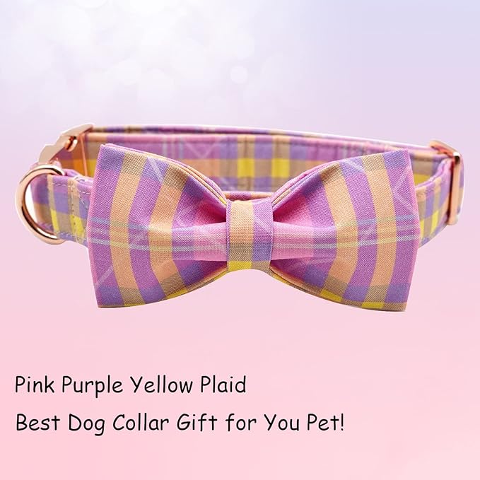 Girl Dog Collar, Pink Plaid Adjustable Dog Bow Collar Girl Pet Collar Bowtie Duarble Dog Collars for Small Medium Large Dog