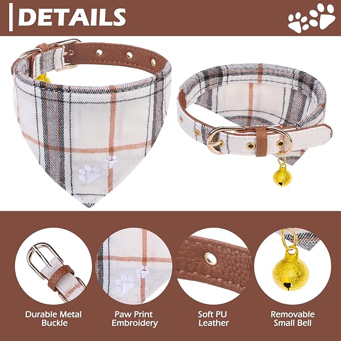 EXPAWLORER Puppy Collar and Leash - Embroidery Pawprints Plaid Dog Collar and Leash Set, Cute Dog Bandana Collar with Bell, Dog Collars for Small Girl Boy Dogs Cats, Cream X-Small