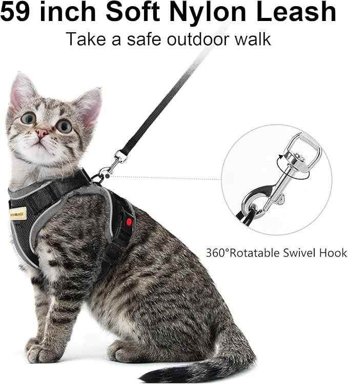 Cat Harness and Leash for Walking, Retractable Cat Harnesses and Leash Set Escape Proof, Breathable Soft Kitten Small Large Harness for Travel Training and Walking, Black, XS