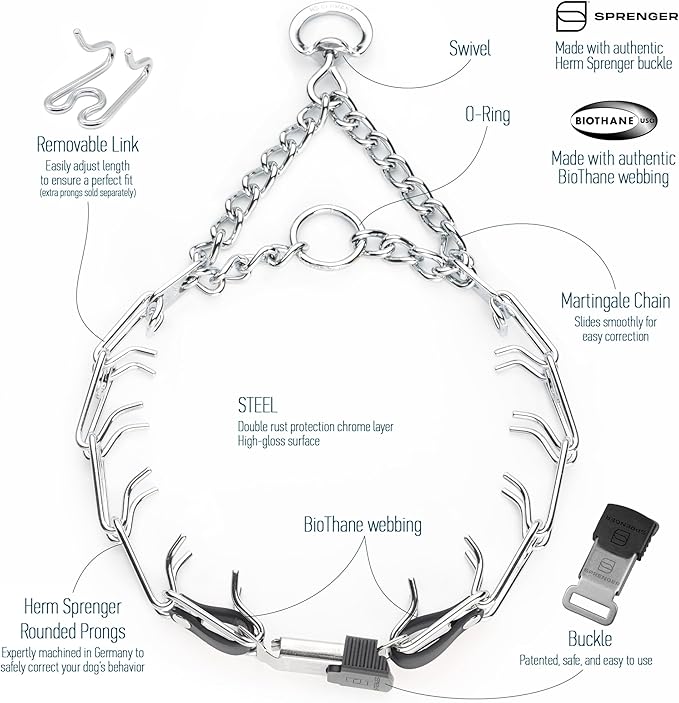 Herm Sprenger Chrome Plated Steel Dog Collar with Quick Release ClicLock Buckle and Biothane Insert Training Collar for Dogs Made in Germany (Black, 23in x 3.2mm(Neck Size up to19-20in))