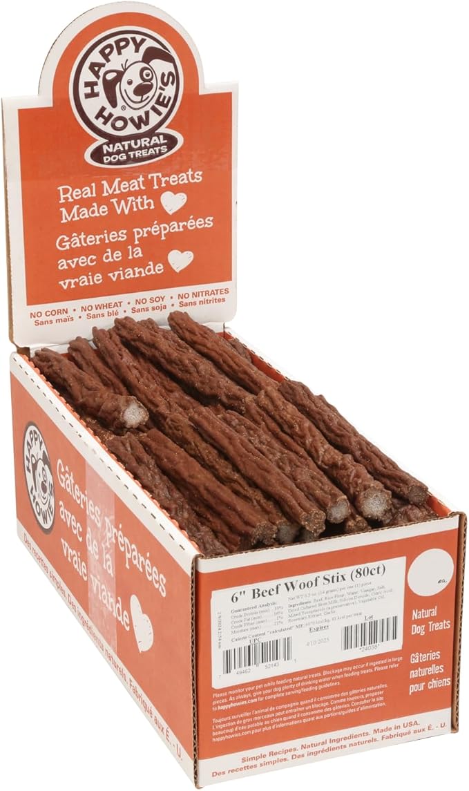 Happy Howie's Beef Woof Stix - Flavorful Slow Cooked Beef Stick, Natural Ingredients, Healthy Soft Dog Treats, Hormone Free - 80 Count (Pack of 1)