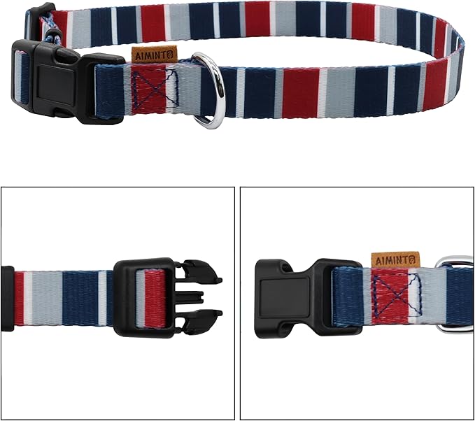 Dog Collar, Cute Multi Stripe Pattern, Soft and Adjustable Collar with Quick Release Buckle (L (Neck 16-28", Width 1"), Rainbow Navy)