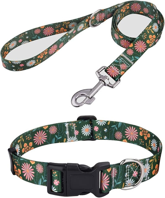 Dog Collar and Leash Set with Bohemia Floral Tribal Geometric Patterns - Soft Ethnic Style Collar Adjustable for Small Medium Large Dogs(Dark Green Flower Set,XS)