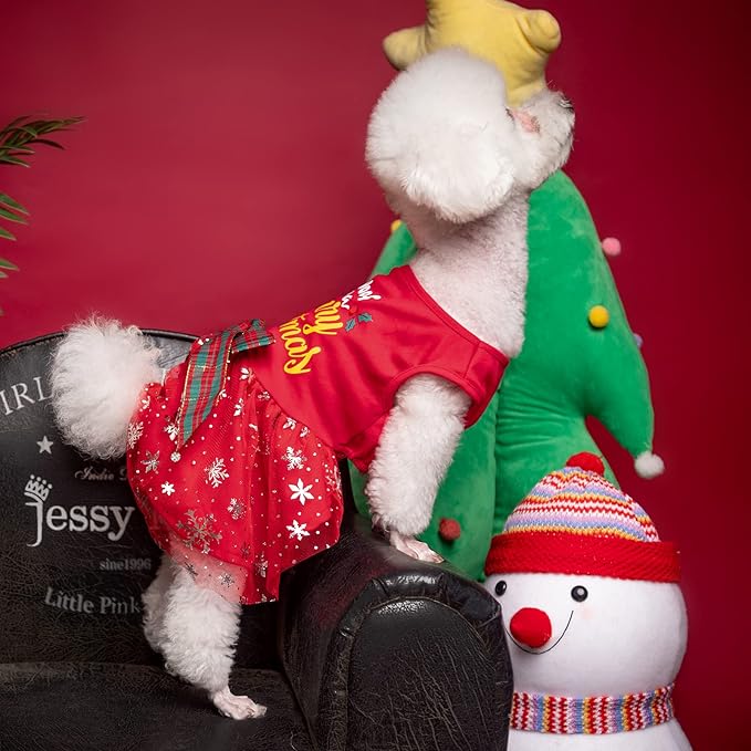 PUPTECK Dog Christmas Dress Outfit Puppy Costume Cute Small Dogs Clothes with Bowknot Skirt Pajamas