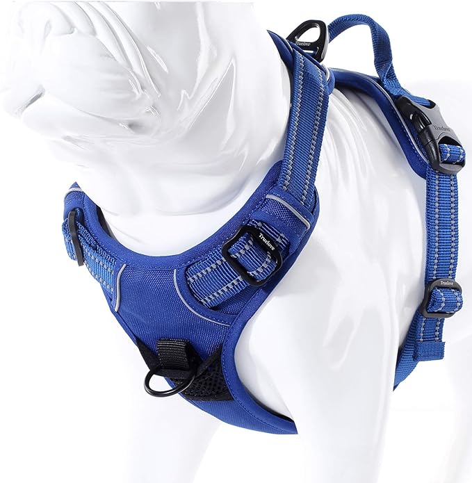 Soft Front Dog Harness .Best Reflective No Pull Harness with Handle and 2 Leash Attachments Royal Blue