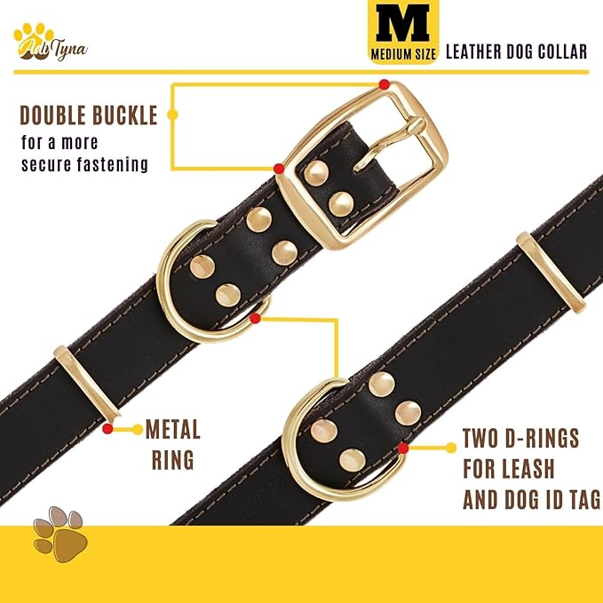 ADITYNA Heavy Duty Leather Dog Collar for Medium Dogs - Soft and Strong Collar for Walking, and Training (Medium: Fit 13" - 20" Neck, Brown - Gold Colored Buckle)