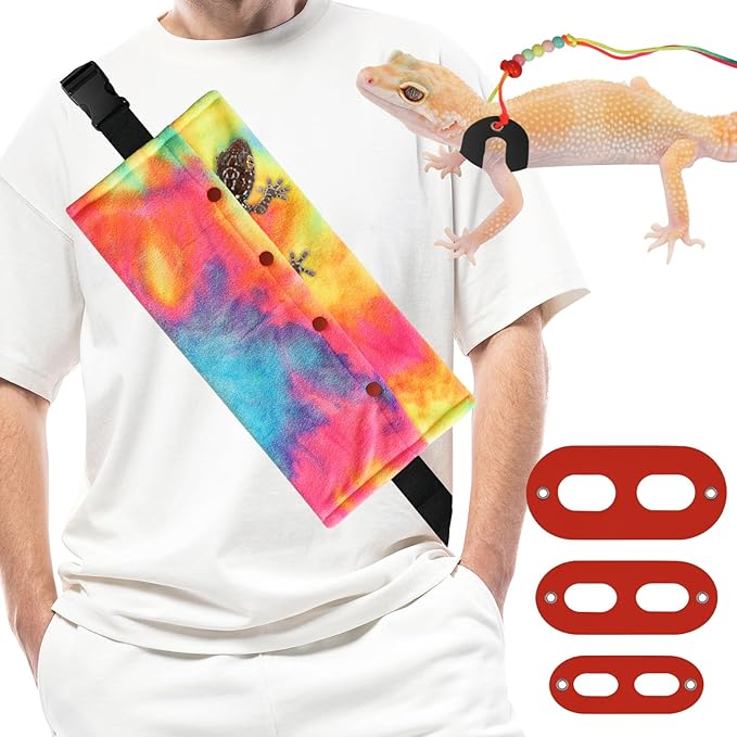 Bearded Dragon Carrier and Leather Leash, Adjustable Harness and Reptile Small Pet Coral Fleece Backpack for Outdoor Travel Walking Rest - Red