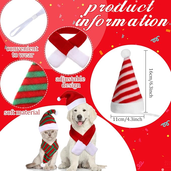 Oudain 10 Pieces Christmas Cat Santa Hats with Scarf and Collar Set, Christmas Cat Costumes Pet Santa Hat Scarf Set Puppy Dog Xmas Hat Outfit for Cats Small Dogs Puppy Accessories