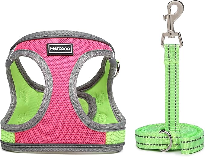 Mercano Soft Mesh Dog Harness and Leash Set, No-Chock Step-in Reflective Breathable Lightweight Easy Walk Vest Harnesses with Safety Buckle for Small Dogs, Cats (XL, Hot Pink)