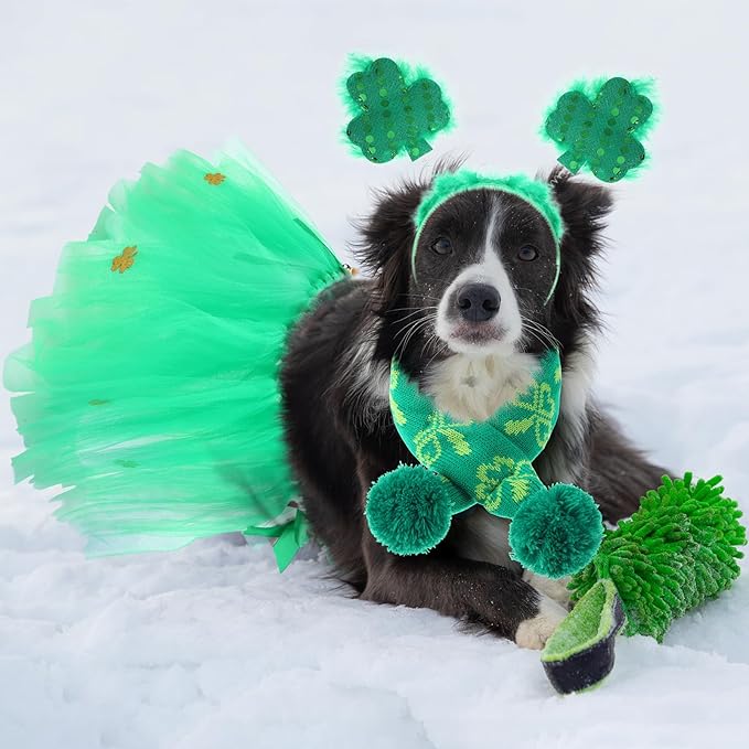 3 Pcs St Patrick's Day Dog Costume Set Including Sequins Shamrock Headband St. Patrick's Day Dog Tutu Dress Cute Pet Tutu Green Irish Pet Scarf for Medium Dogs Holiday Outfit Accessory