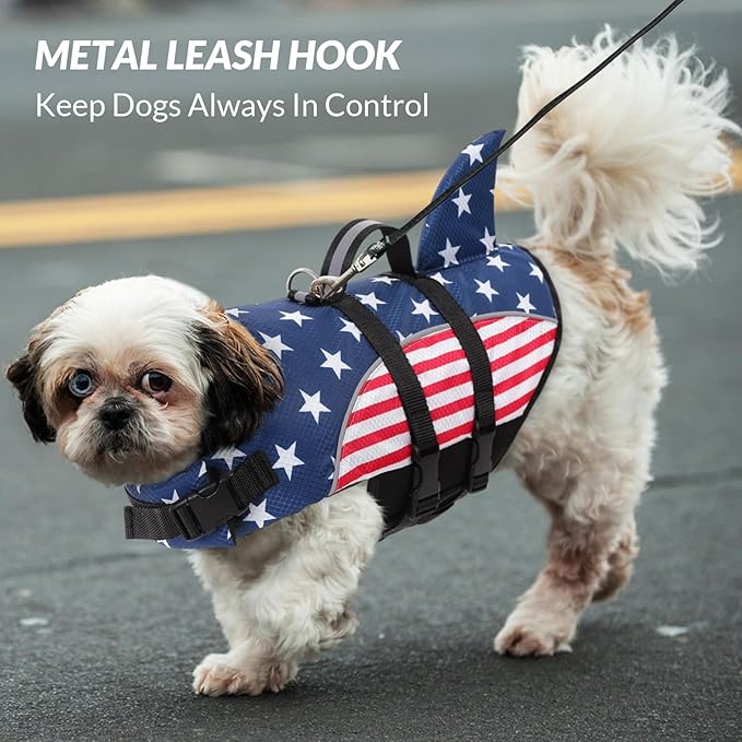 Queenmore XS Dog Life Vest for Boating, American Flag Dog Life Vest for Swimming, Lightweight Small Dog Life Jacket with Shark Fin/Rescue Handle/Leash Hook