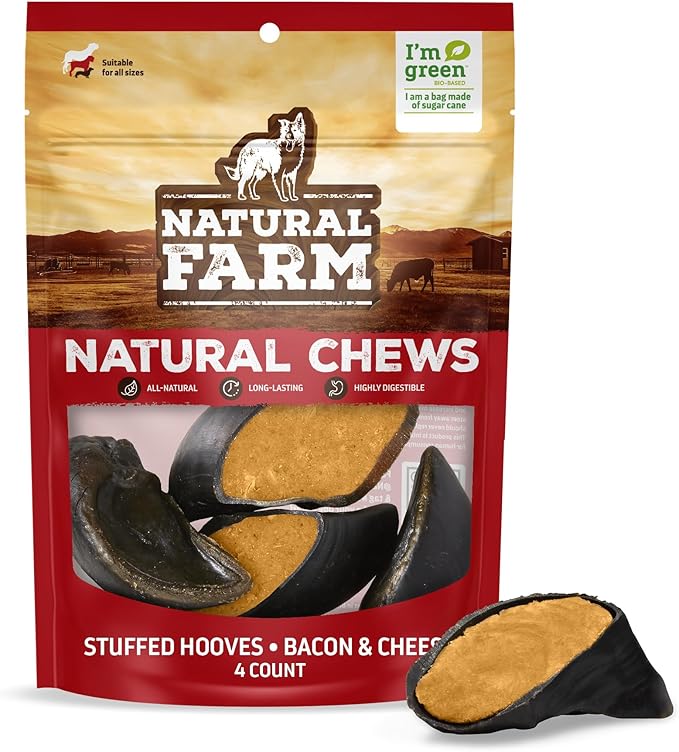 Natural Farm Bacon & Cheese Flavor Filled Cow Hooves for Dogs (4-Pack), Long-Lasting Natural Hoof Beef Bone Treats, Best for Small, Medium & Large Dogs