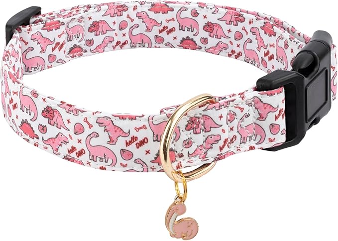 Cotton Dog Collar,Soft and Cute Puppy Collars with Pink Dinosaur Patterned Design for Girl Female Boy Dogs,Adjustable Buckle Pet Collar for Small Medium Large Dogs (Pink Dinosaur, Medium)