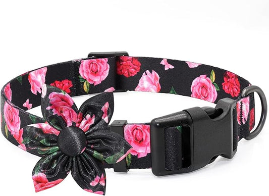 Floral Girl Dog Collars with Flower Bow Tie for Small, Medium & Large Dogs & Cats