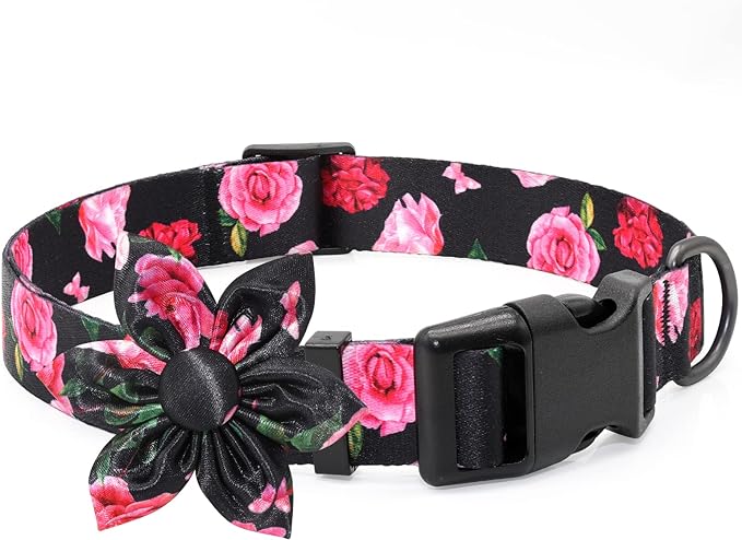 Floral Girl Pink Dog Collar with Rose Flower Bow Tie for Cute Female Cats & Dogs - Small to Large Sizes