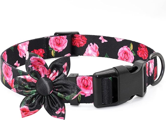 Floral Girl Pink Dog Collar with Rose Flower Bow Tie for Cute Female Cats & Dogs - Small to Large Sizes