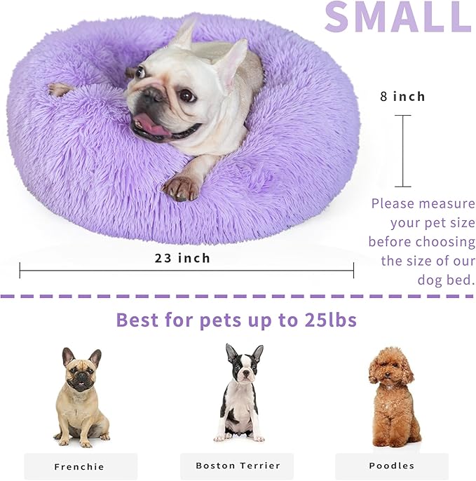 Purple Dog Bed Medium Size Dog 23 Inch Anti-Anxiety Donut Cuddler Bed, Warming Cozy Soft Fluffy Faux Fur Plush