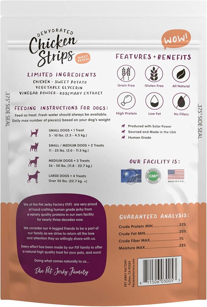 Pet Jerky Factory Premium Chicken and Sweet Potato 5 oz. Dog Jerky Treats |100% Human Grade | USA Made | High Protein | Low Fat | Grain Free | Limited Ingredients | BHA-BHT Free | Soft-Tender