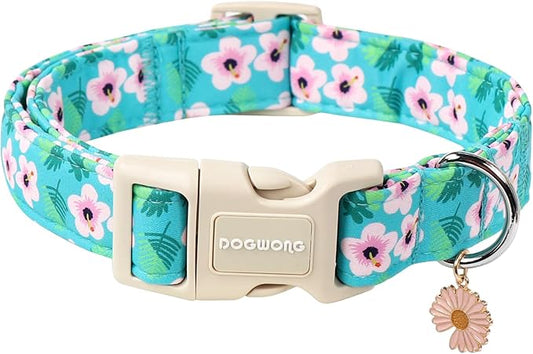 DOGWONG Spring Floral Cotton Dog Collar, Pink Flower Dog Collar Durable Soft Fabric Pet Dog Collars Cute Beachy Girl Female Puppy Necklace for Small Medium Large Dogs