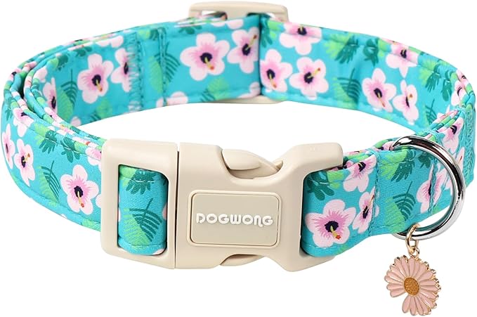 DOGWONG Spring Floral Cotton Dog Collar, Pink Flower Dog Collar Durable Soft Fabric Pet Dog Collars Cute Beachy Girl Female Puppy Necklace for Small Medium Large Dogs