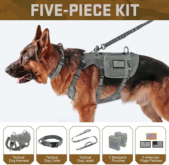Forestpaw Tactical Dog Harness for Large Dogs,Tactical Dog Collar with Bungee Leash Set,No Pull Military Dog Harness for Walking Training,Adjustable for Medium Large Dogs,Gray,Chest 15.5-25.5"