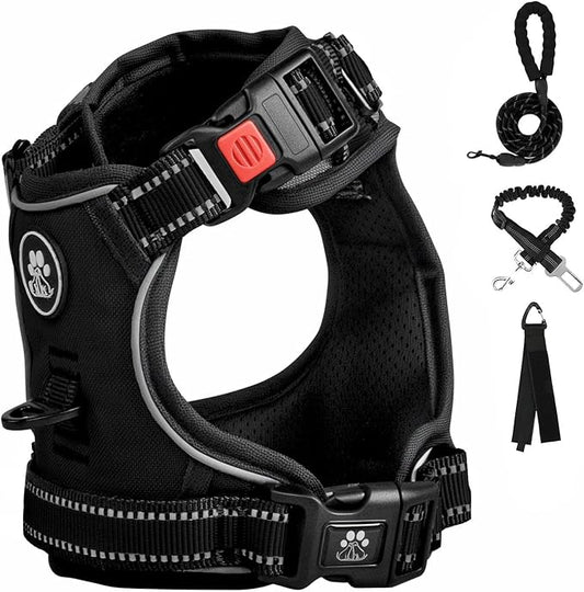 FURRYFECTION Dog Harness | No Pull Dog Harness | Reflective Oxford | Padded Handle | 4 Adjustable Straps | 2 Leash Clips | No Choke Pet Vest Harness for Small Medium Large Dogs | Black | L