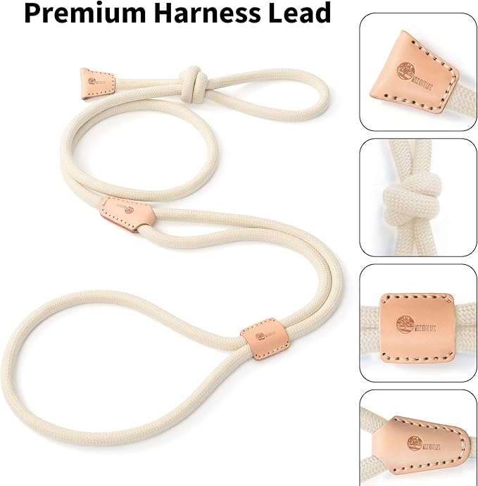 Mile High Life Harness Lead No Pull, All in one Dog Lead 2-in-1, Rope Leash and Harness Two in One, Slip Leash for Puppy Small Dogs Training, 4FT White