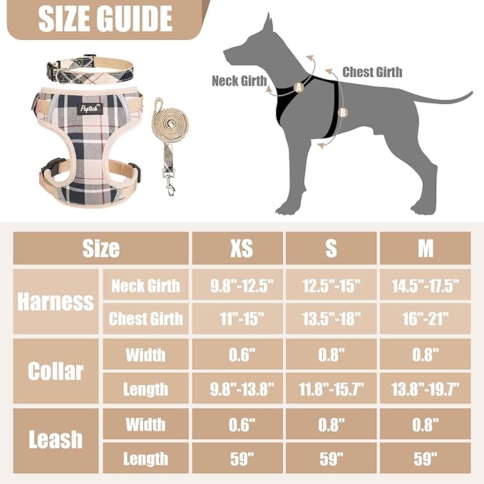 PUPTECK Dog Harness and Leash Collar Set for Small Medium Dogs Puppy and Cats Walking No Pull Adjustable Reflective Soft Mesh Padded Plaid Harnesses Pet Accessories, Beige, L