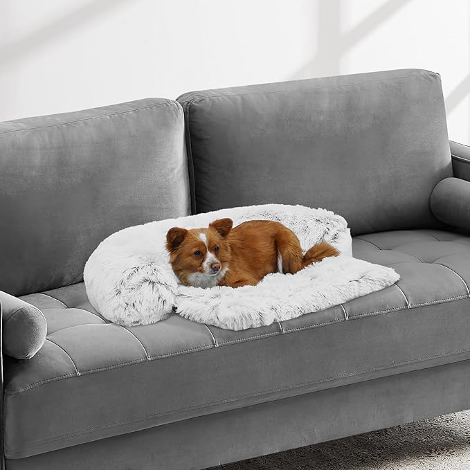 Calming Dog Bed Fluffy Plush Dog Mat for Furniture Protector with Removable Washable Cover for Large Medium Small Dogs and Cats (XS (31"x23.5"x5"), Light Grey)