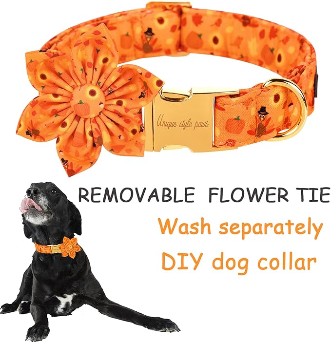 Unique style paws Halloween& Dog Collar with Flower Tie Pumpkin Cotton Collar Adjustable Puppy Collar Best Thanksgiving Gift for Small Medium Large Dogs-Turkey & Pumpkin Theme-S